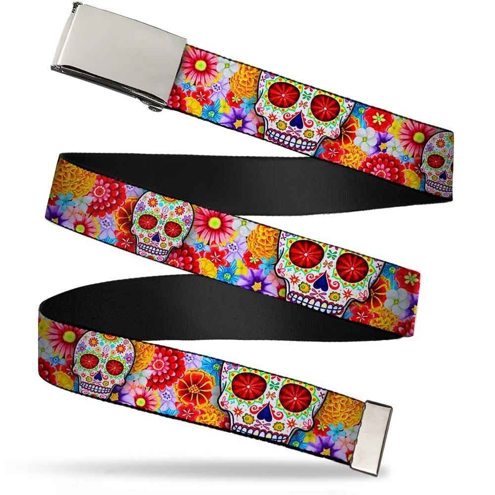 1015 Web Belt, Sugar Skull Starburst White/Multi Color, 1.0" Wide - Fits up